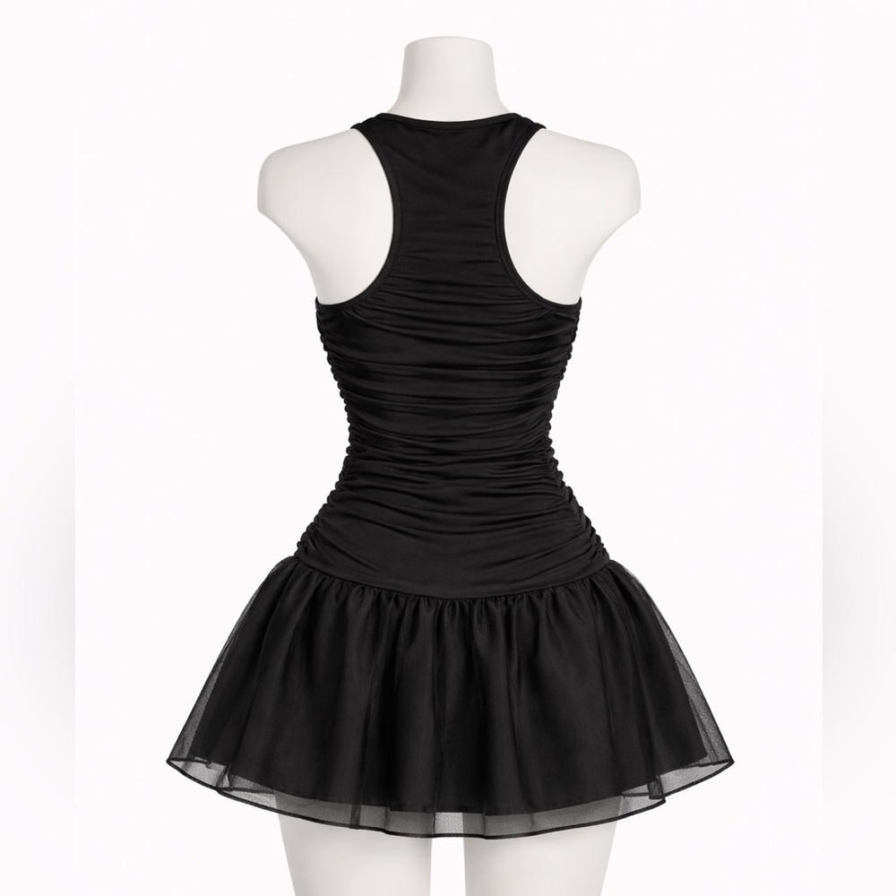Twelve by Twelve Black Pearl Ruched Mini Dress Tulle Skirt Racerback Party S - Picture 2 of 6